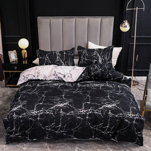 3Pcs Queen Bed Quilt Cover Set One Two Pillowcases Marble Print Black