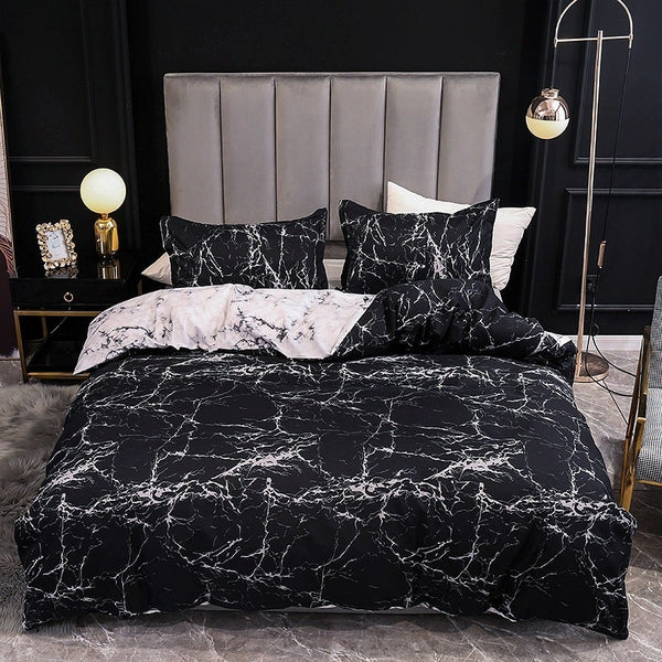 3Pcs Queen Bed Quilt Cover Set One Two Pillowcases Marble Print Black Quilt Covers