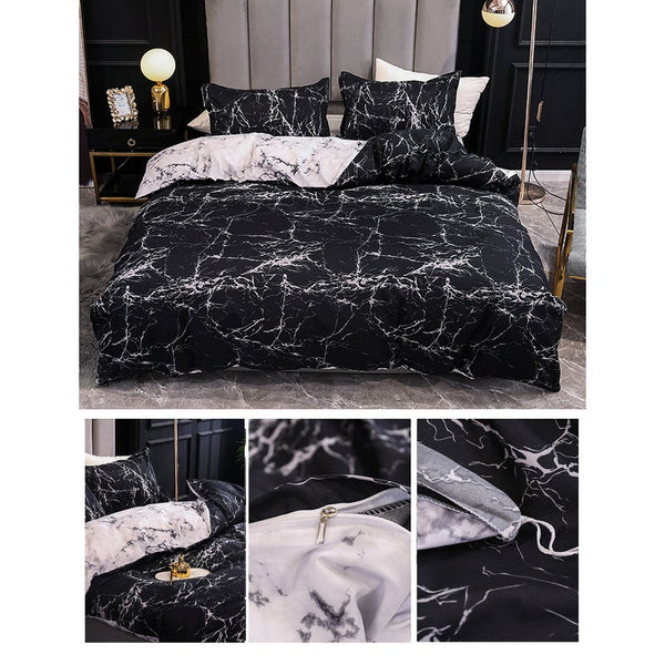 3Pcs Queen Bed Quilt Cover Set One Two Pillowcases Marble Print Black