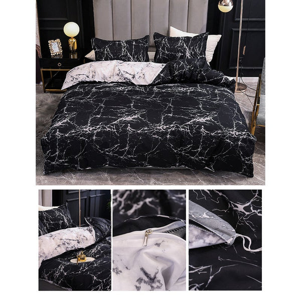 3Pcs Queen Bed Quilt Cover Set One Two Pillowcases Marble Print Black Quilt Covers