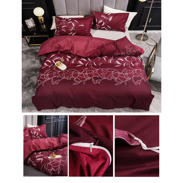 3Pcs Queen Bed Quilt Cover Set One Two Pillowcases Wine Red