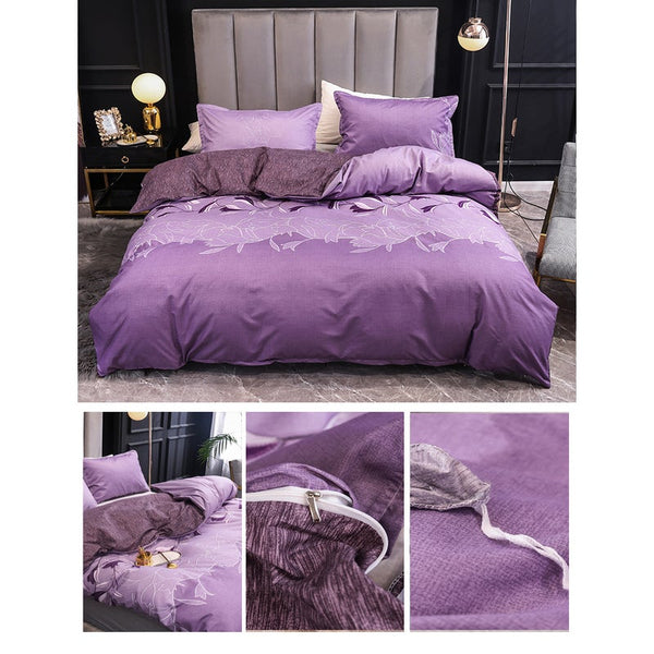 3Pcs Queen Bed Quilt Cover Set One Two Pillowcases Purple