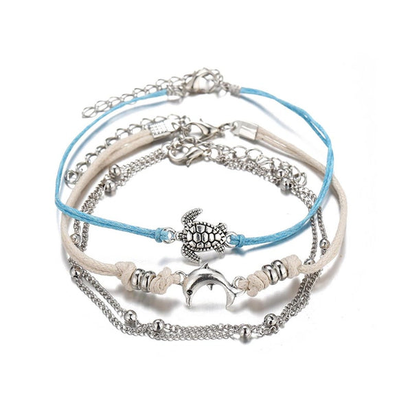 Veile Studios 3Pcs Retro Dolphin Braided Push Pull Foot Chain Suit Boho Ankle Bracelet Charms & Charm Bracelets