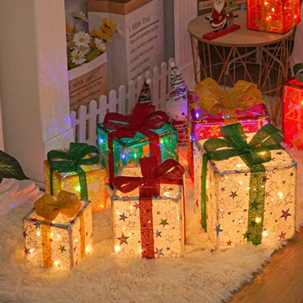 3Pcs Christmas Lighted Gift Boxes Pre-Lit Xmas Present Led Lights Decor Tree Ornament