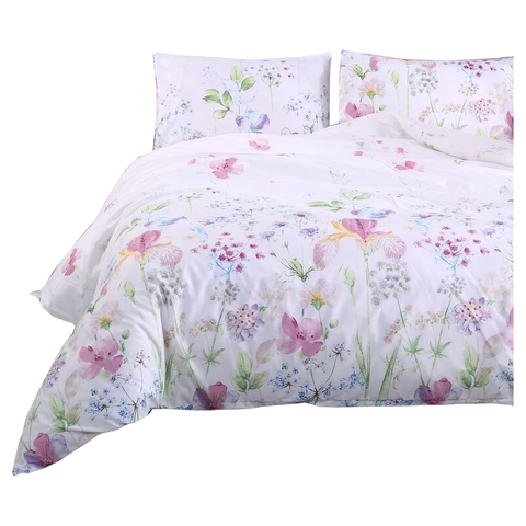 3Pcs Queen Bed Quilt Cover Set One Two Pillowcases White Purple Floral