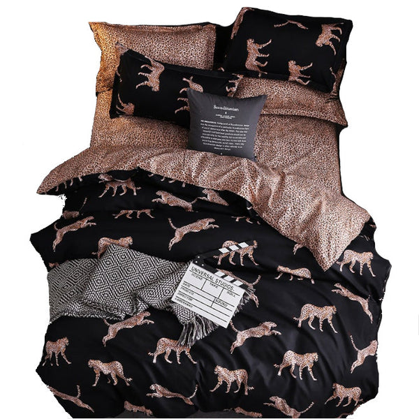 3Pcs Queen Bed Quilt Cover Set One Two Pillowcases Leopard Print Black Quilt Covers