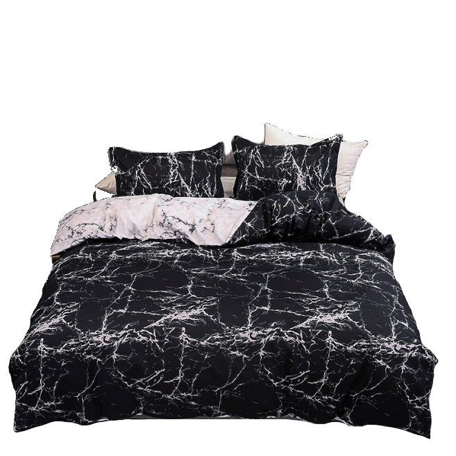 3Pcs Queen Bed Quilt Cover Set One Two Pillowcases Marble Print Black Quilt Covers