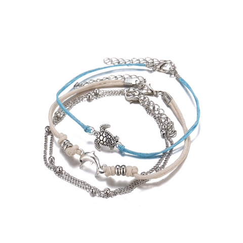 Veile Studios 3Pcs Retro Dolphin Braided Push Pull Foot Chain Suit Boho Ankle Bracelet Charms & Charm Bracelets