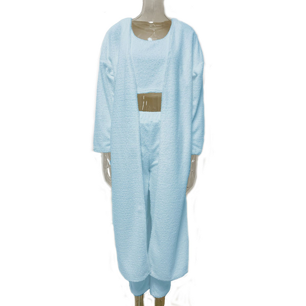 3Pcs Womens Clothing Fashion Solid Fluffy Plain Crop Top & Skinny Pants Longline Coat Set Warm Cozy Suit Sets