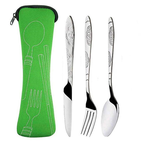 3 Sets Of Stainless Steel Cutlery With Cloth Carrying Case Knife Spoon Fork