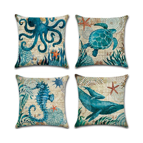 4 Pack Decorative And Comfy Underwater Animal Printed Throw Pillow Covers