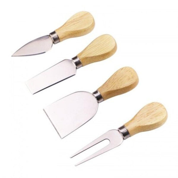 4 Pieces Set Bamboo Wood Handle Steel Stainless Fork Cheese Knife Yellow