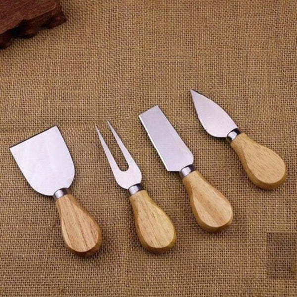 4 Pieces Set Bamboo Wood Handle Steel Stainless Fork Cheese Knife Yellow