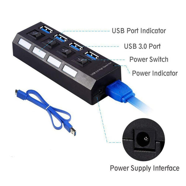4 Port Usb3.0 Hub With Individual On Off Switch Splitter Adapter