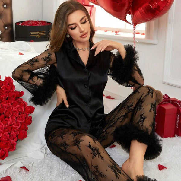 Satin And Mesh Heart Long Sleeve Loungewear Set For Women Sleepwear