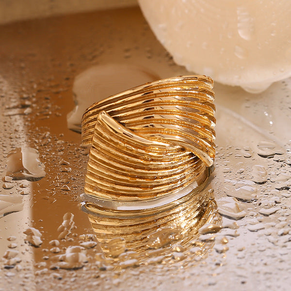 Veile Studios Retro Hand Decorated Geometric Fan Shaped Stripe Cross Ring For Women Rings