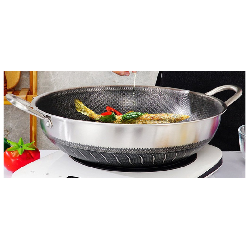 40Cm Double Ear 316 Stainless Steel Non Stick Stir Fry Cooking Kitchen Wok Pan With Lid Honeycomb Sided Woks