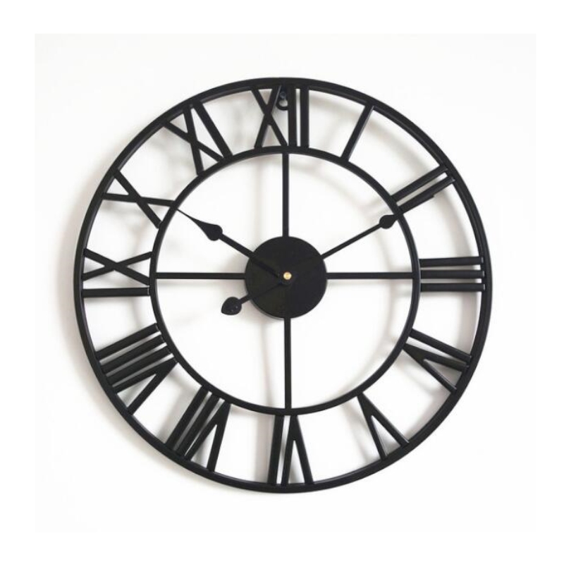40Cm Large Metal Skeleton Roman Numeral Wall Clock Black Round Shape Wall Clocks