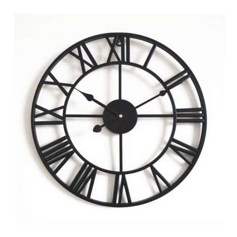 40Cm Large Metal Skeleton Roman Numeral Wall Clock Black Round Shape Wall Clocks