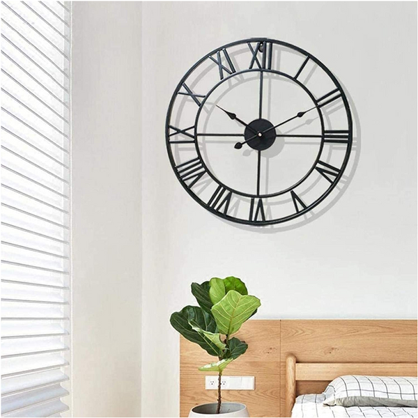 40Cm Large Metal Skeleton Roman Numeral Wall Clock Black Round Shape Wall Clocks