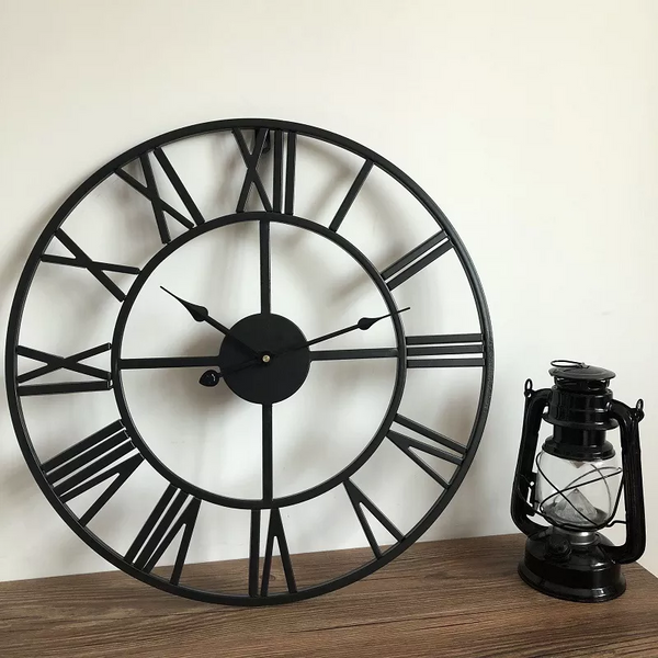 40Cm Large Metal Skeleton Roman Numeral Wall Clock Black Round Shape Wall Clocks