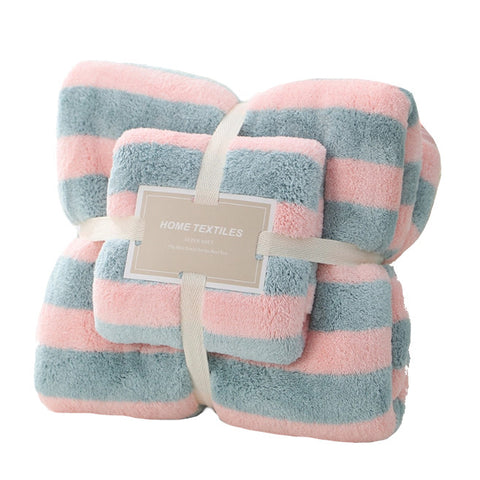 410Gsm 2 Piece Towel Sets Bath Face Pink Gray Stripes
