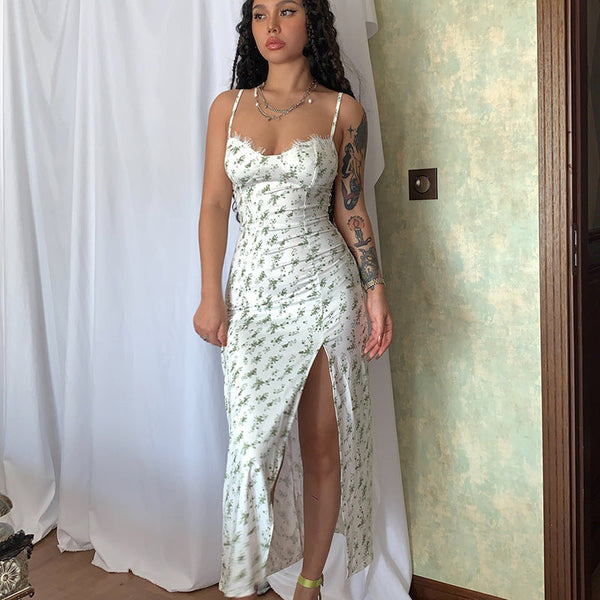 Dresses Lace Flowers Print Long Dress With Slit For Women In Summer Fashion Clothing