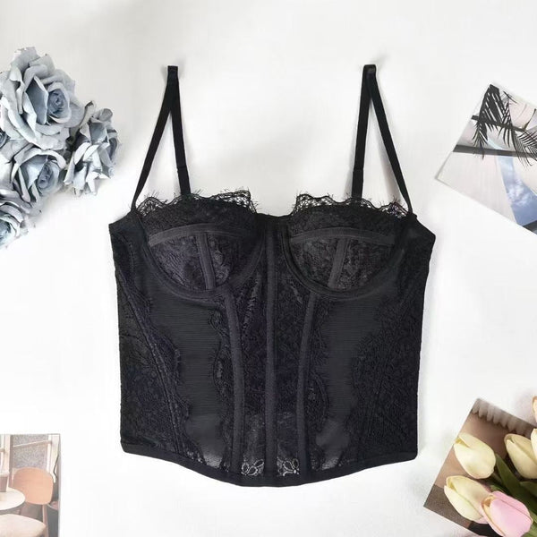 Cross Border Spicy Girl Gathered  Fitted Bra Lace Eyelash Fringe Vest Tube Top Camisole Shapewear
