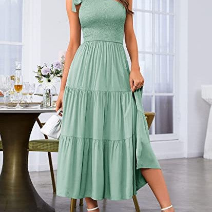 One Shoulder Pleated Layered Hem Split Womens Summer Unique Design Dresses