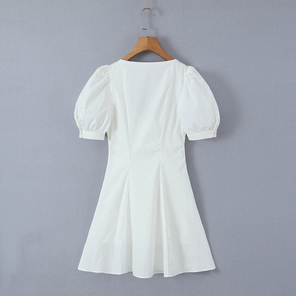 French Retro Square Collar Single Breasted Puff Short Sleeve Dress