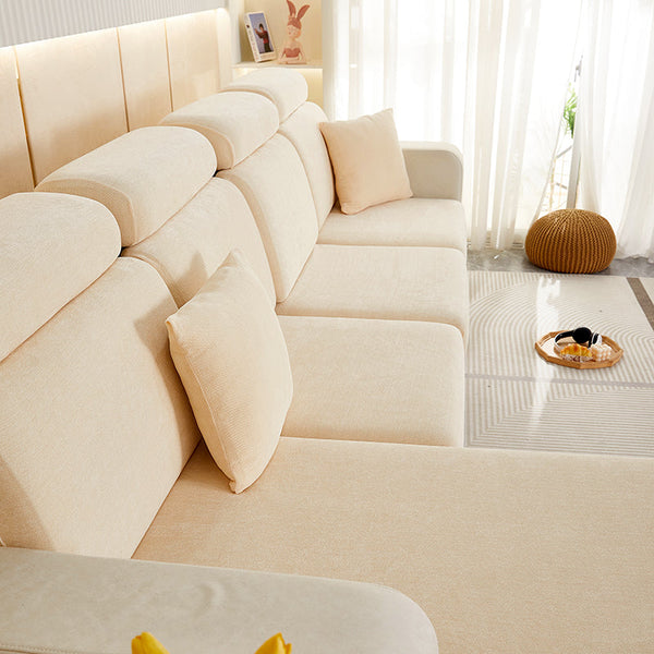 Sofa Cover Beige L Shape Polyester Chenille Thick Stretchable Normal Size Slipcovers