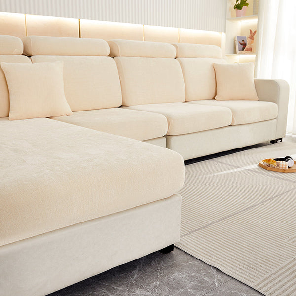 Sofa Cover Beige L Shape Polyester Chenille Thick Stretchable Slipcover Extra Large Slipcovers