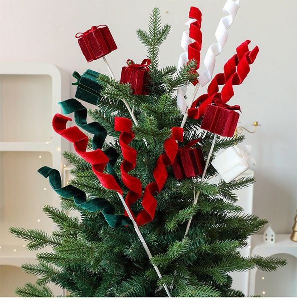 Christmas Decoration With Red And Green Faux Fur Curly Flowers Branches Ornament For Tree Gift Box Seasonal Decorations