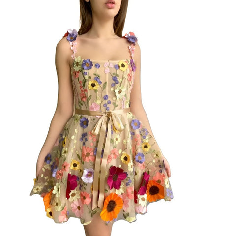 Three Dimensional Flower Embroidery Dress A Line Suspender For Women Clothing Dresses