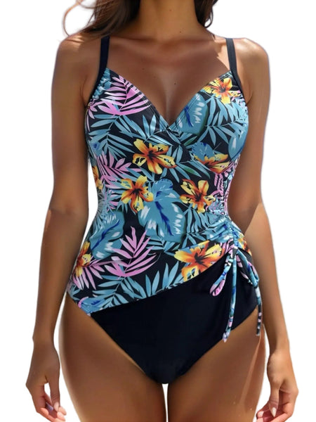 One Piece Printed Solid Color Drawstring Gathered Slimming  Bikini Women's Swimwear