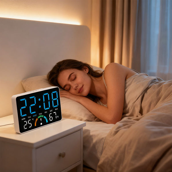 Digital Alarm Clock With Temperature & Humidity Display Dual Snooze Alarm Clocks & Clock Radios