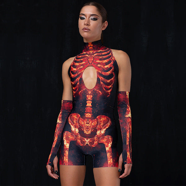 High Neck Sleeveless Skull Print Hollowed Out Sleeves Tight Elastic Jumpsuit Jumpsuits Rompers & Playsuits
