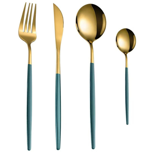 Stainless Steel Cutlery Set With Portuguese Gold Spray Painted Steak Knife Fork Spoon And Tea 4 Piece Gift Pack Cutlery Sets