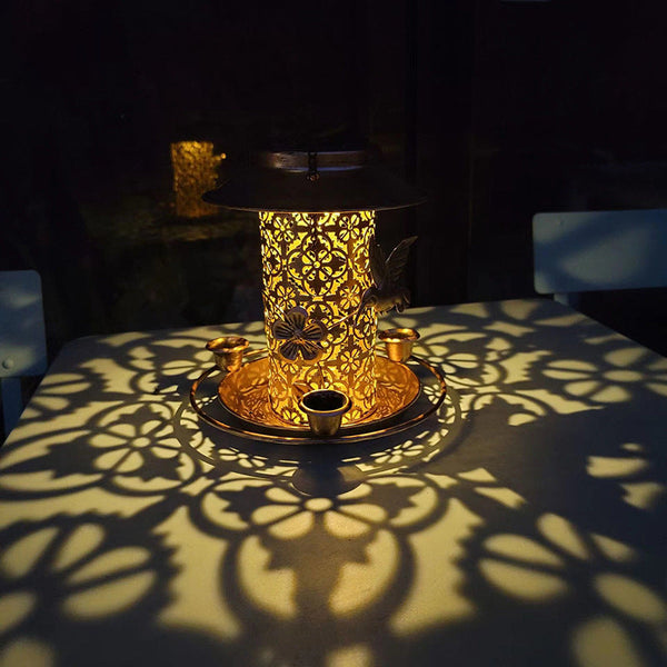 Outdoor Solar Powered Lamp Metal Hanging Bird Feeder Feeding And Watering Dual Purpose Decorative Lanterns