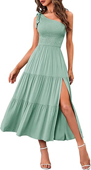 One Shoulder Pleated Layered Hem Split Womens Summer Unique Design Dresses