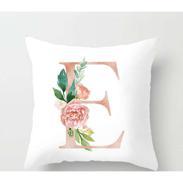 45 X 45Cm E Letter Cushion Cover White Pink Green Roses Leaves Cushions & Decorative Pillows