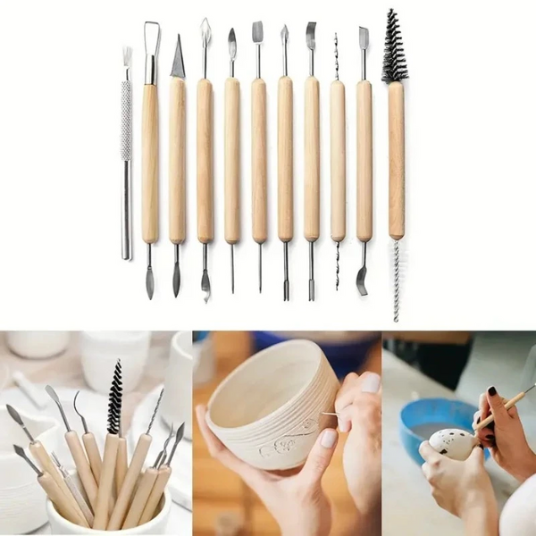 11Pcs Pottery Tools Clay Sculpting Carving Set Wooden Ceramics Smoothing Shaper For Potters Handle Modeling Pottery Tools & Sets