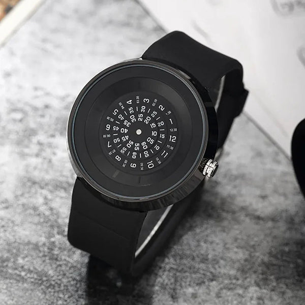 Unique Turntable Black Quartz Wristwatch Men Creative Time Code Watch Waterproof Design Light Sort Cool 3D Scale Watches
