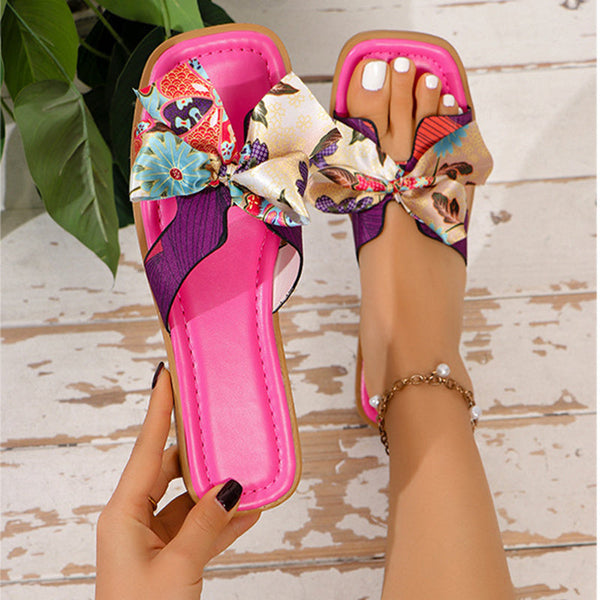 Ribbon Bow Sandals Square Toe Low Heel Casual Beach Shoes For Women Flats