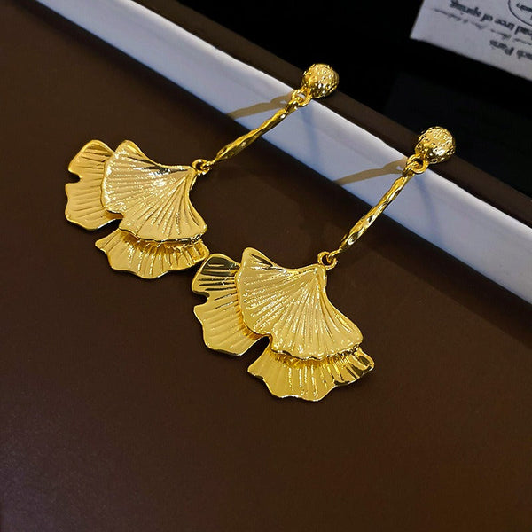Veile Studios Simple Metal Ginkgo Leaf American Heavy Industry Long Earrings