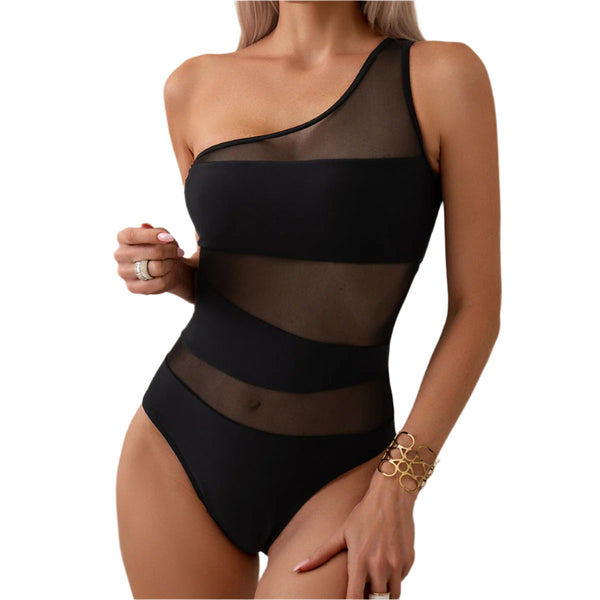 Women One Piece Mesh Patchwork Jumpsuit  Single Shoulder Jumpsuits Rompers & Playsuits
