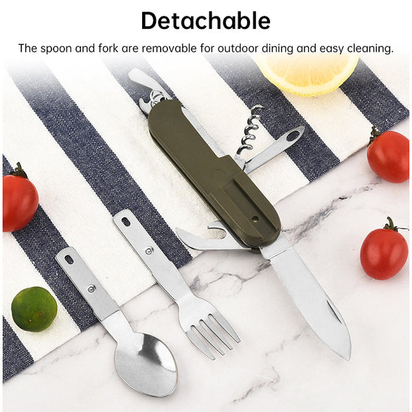 7 In 1 Multifunctional Stainless Steel Foldable Outdoor Camp Tableware: Fork Spoon Knife. Survival Tools Picnic Camping. Outdoor Tableware