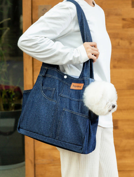 Dog Casual Denim Pocket Style Pet Carrier Backpack Large Capacity Crossbody Bag For Cats And Dogs Pet Transport