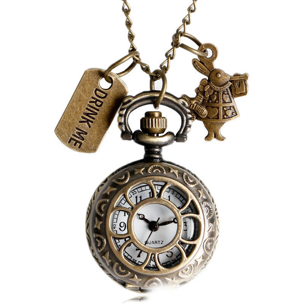 Veile Studios Small Alice Hollow Petal Pocket Watch With Pendant Rabbit Tag Alloy Design Pocket Watches