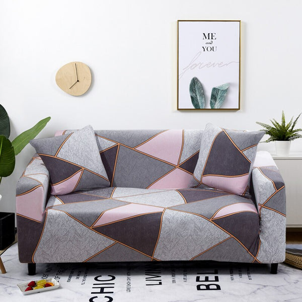 4 Seater Sofa Cover Gray Pink Geometric Style Elastic Stretchable Slipcover Slipcovers